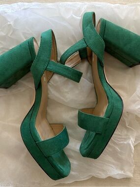 Green Suede Block Heel Sandals - Women